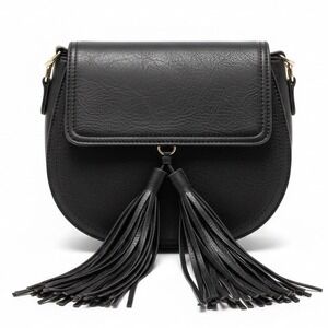 Madison West Black Faux Leather Saddle Bag Tassel Accent Crossbody Western Sm
